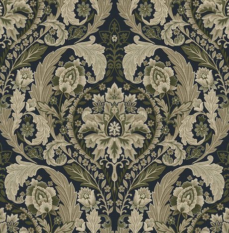 Thornton Vintage Damask peel and stick wallpaper in Deep Sea blue with cream and olive damask motif