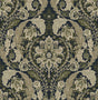 Thornton Vintage Damask peel and stick wallpaper in Deep Sea blue with cream and olive damask motif