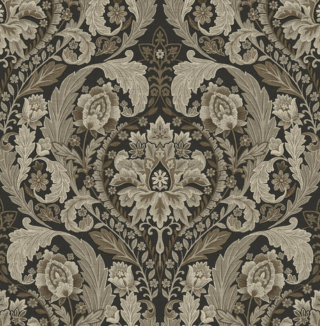 Thornton Vintage Damask peel and stick wallpaper in Cliffside grey damask pattern