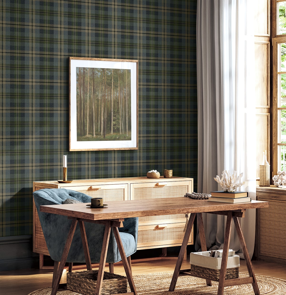 Thornbury Tailored Plaid Deep Sea by Harry & Grace Peel and Stick Plaid Peel & Stick Vinyl Wallpaper – Harry & Grace HG13102-Sample