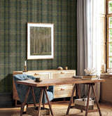 Thornbury Tailored Plaid Greenery by Harry & Grace Peel and Stick Peel & Stick Plaid Wallpaper – Harry & Grace HG13104 -Sample