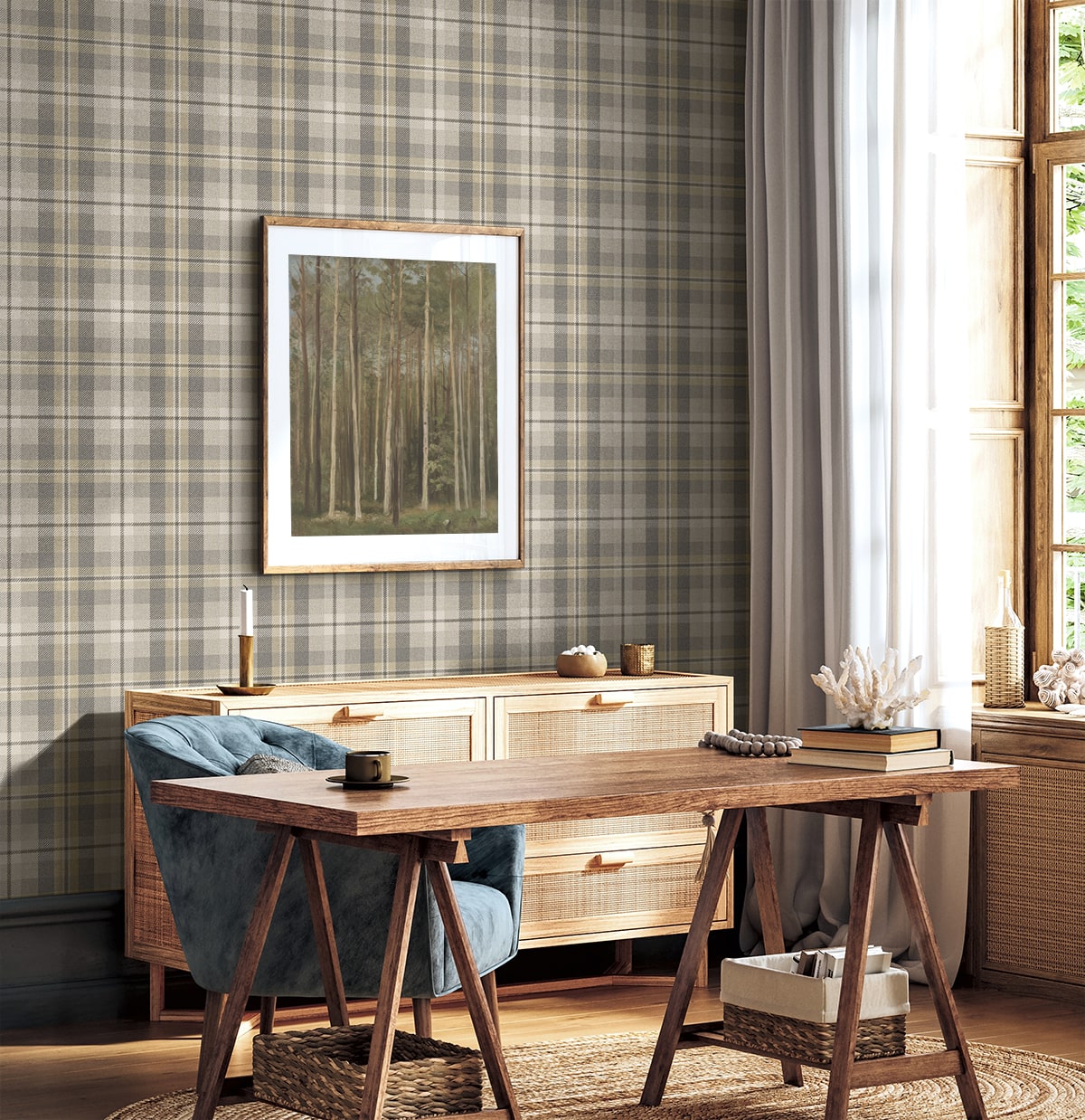 Thornbury Tailored Plaid Pavestone by Harry & Grace Peel and Stick Plaid Wallpaper – Harry & Grace HG13108 -Sample