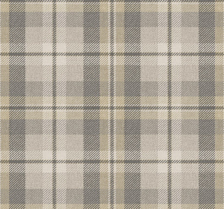 Traditional tailored plaid peel and stick wallpaper in grey and warm neutral tones (Pavestone colorway).