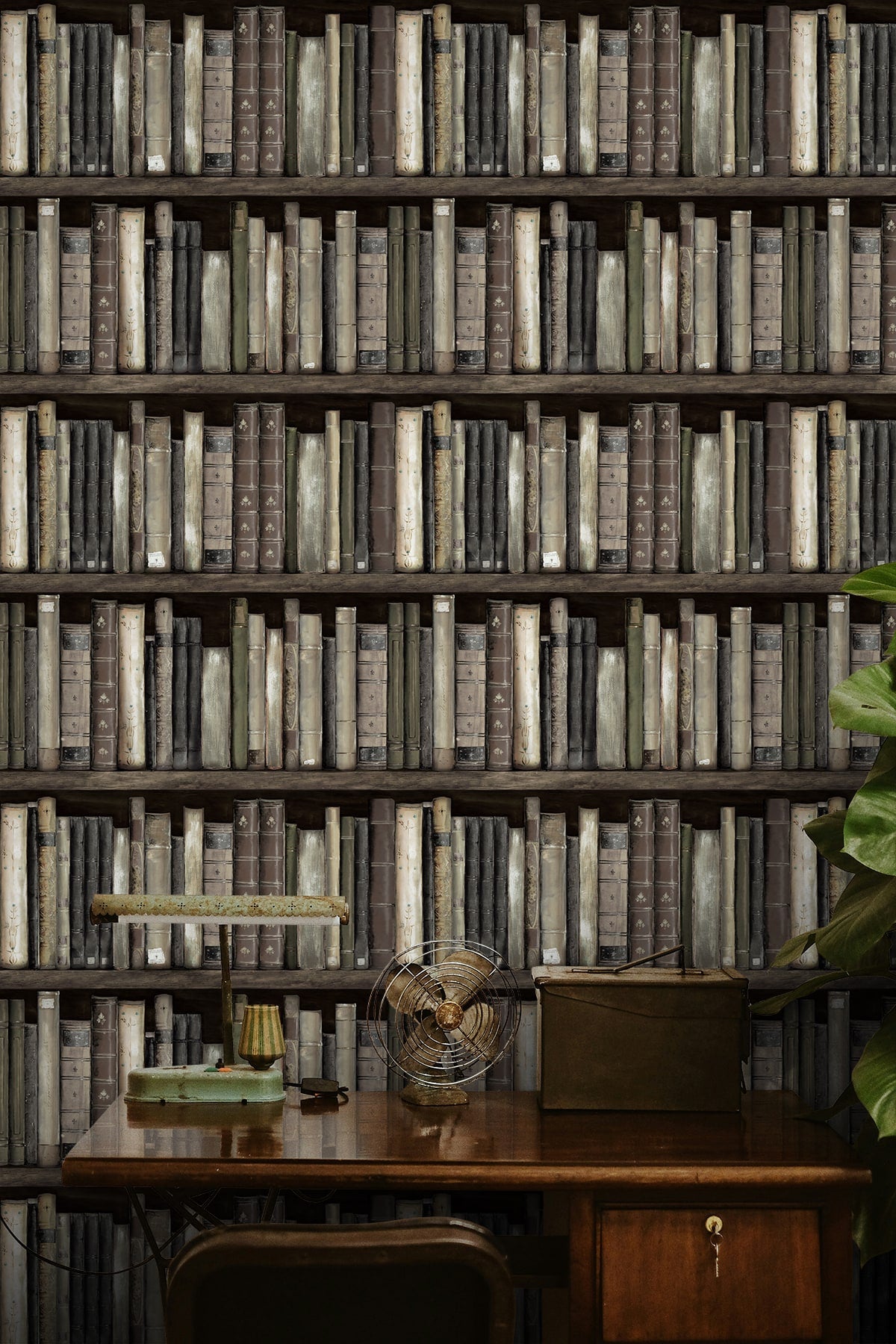 Faux Bookshelves Shale by Harry & Grace Peel and Stick Faux Bookcase Wallpaper – Harry & Grace HG13200 -Sample