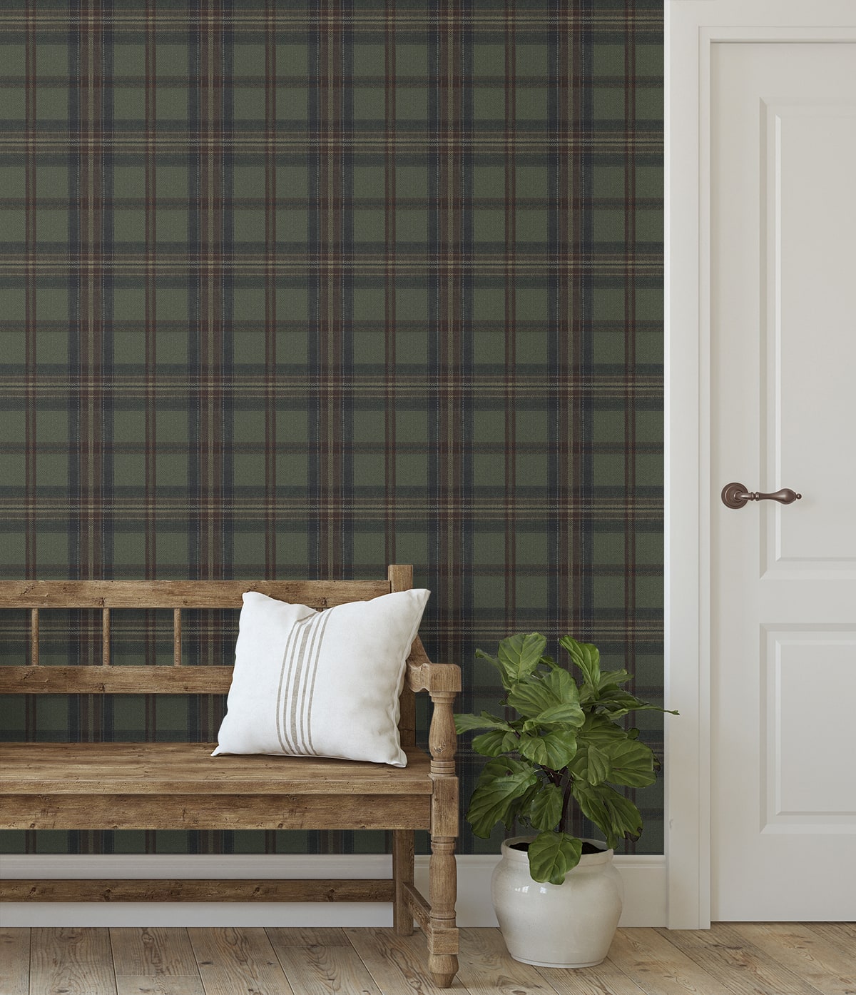 Herringbone Plaid Adobe & Antique Green by Harry & Grace Peel and Stick Plaid Wallpaper – Harry & Grace HG13704-Sample