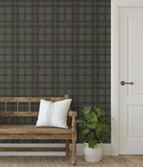Herringbone Plaid Adobe & Antique Green by Harry & Grace Peel and Stick Plaid Wallpaper – Harry & Grace HG13704-Sample