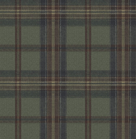 Herringbone Plaid peel and stick wallpaper in green, navy, and brown plaid pattern