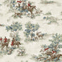 Horse Race toile peel and stick wallpaper in bluestone and garnet with riders, horses, hounds, and trees