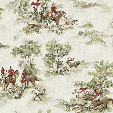 Horse Race Rosemary & Garnet peel and stick toile wallpaper with equestrian hunt scene
