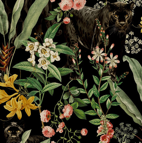 Onyx black panther and botanical floral peel and stick wallpaper