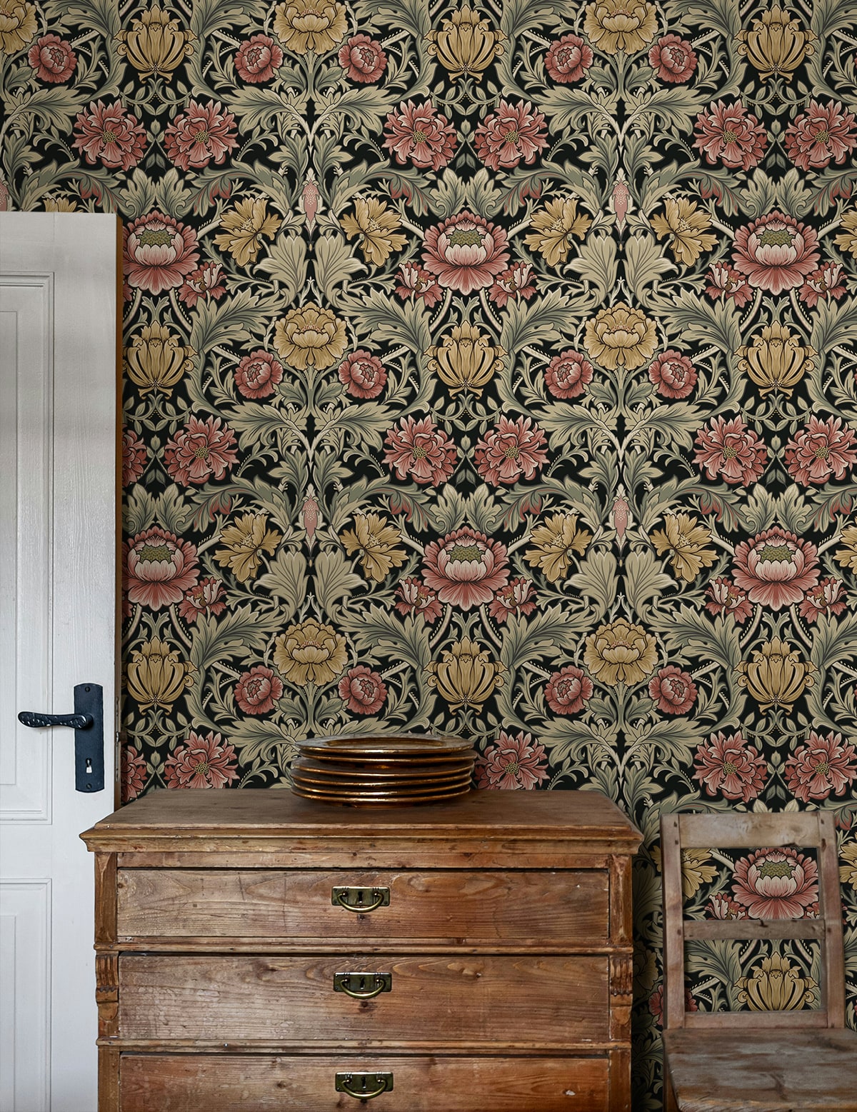 Acanthus Floral Cameo Ebony by Harry & Grace Peel and Stick Vintage Floral Wallpaper – Harry & Grace HG14000