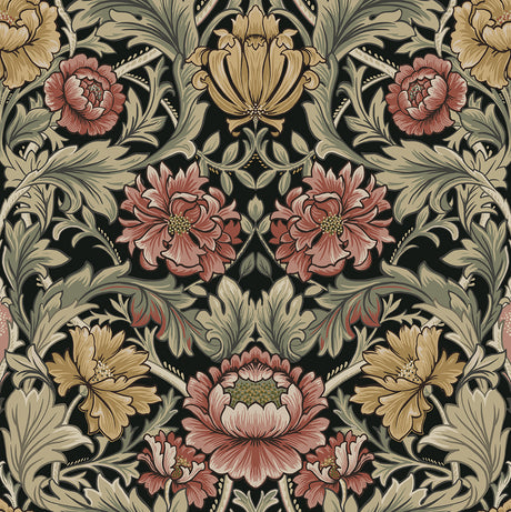 Acanthus Floral Cameo peel and stick wallpaper in ebony with vintage floral and acanthus foliage pattern