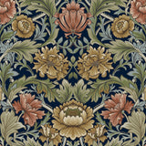 Acanthus Floral Cameo peel and stick wallpaper in dark blue with vintage acanthus florals and scrolling foliage
