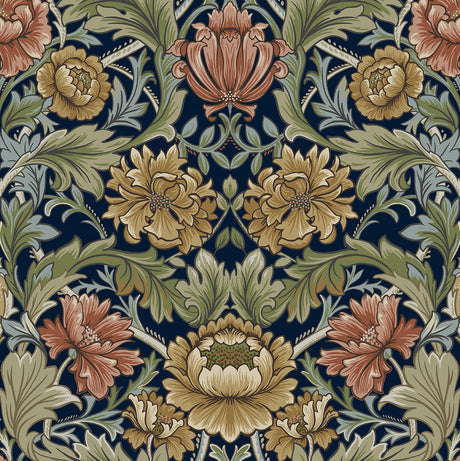 Acanthus Floral Cameo peel and stick wallpaper in dark blue with vintage acanthus florals and scrolling foliage