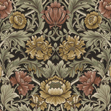 Vintage acanthus floral peel and stick wallpaper in espresso brown with green foliage