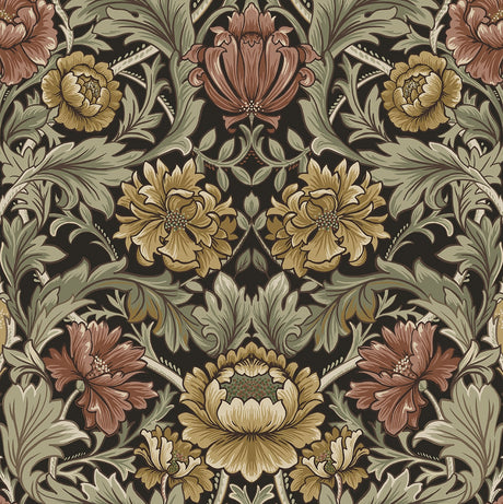Vintage acanthus floral peel and stick wallpaper in espresso brown with green foliage