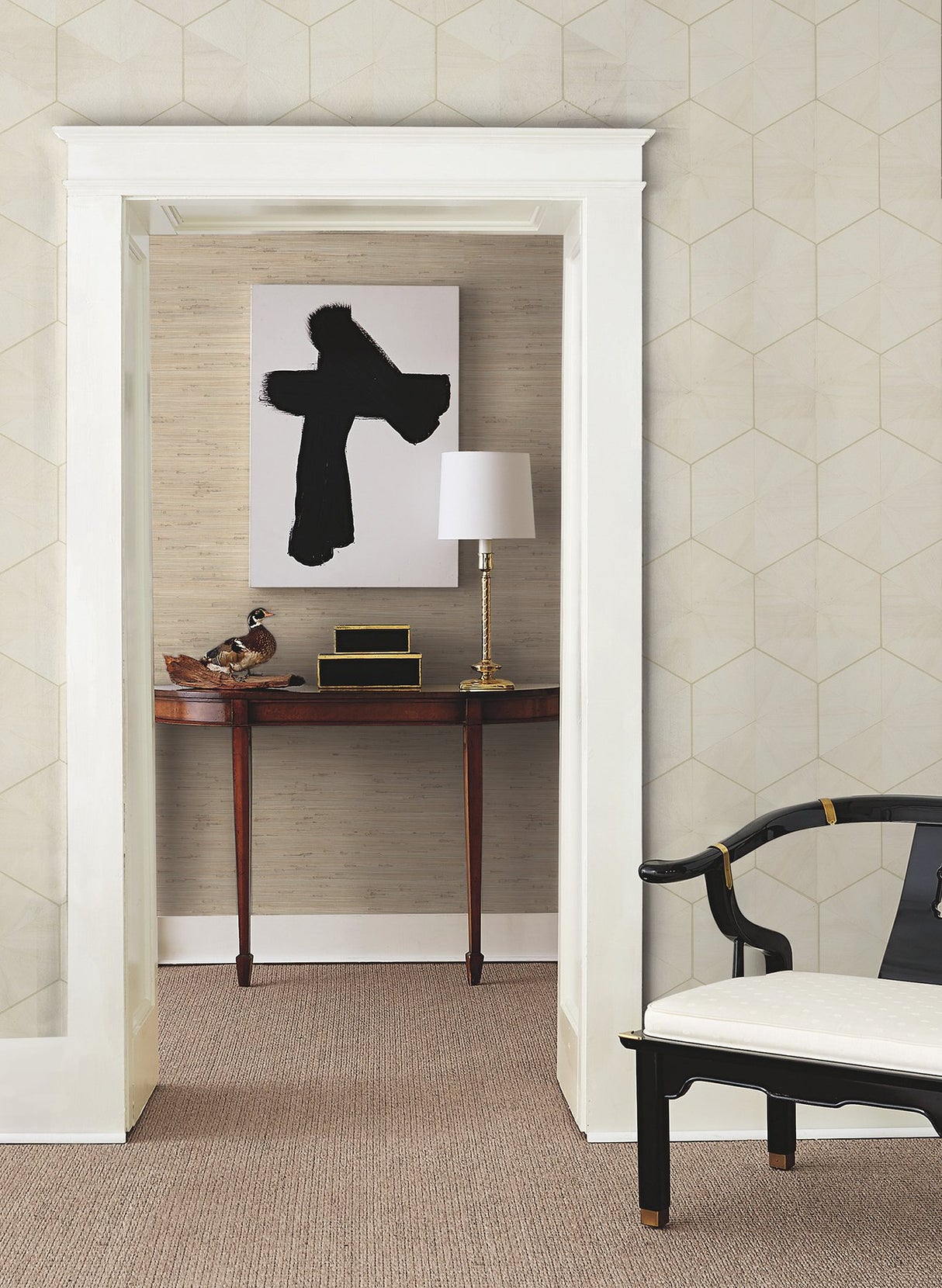 Hexagram Wood Veneer Ivory Wallpaper with Geometric Hexagon Pattern, Feature Wall Style - York HO2101GV