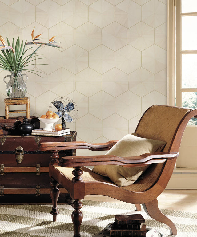 Hexagram Wood Veneer Off White Wallpaper with Geometric Hexagon Pattern - York HO2101