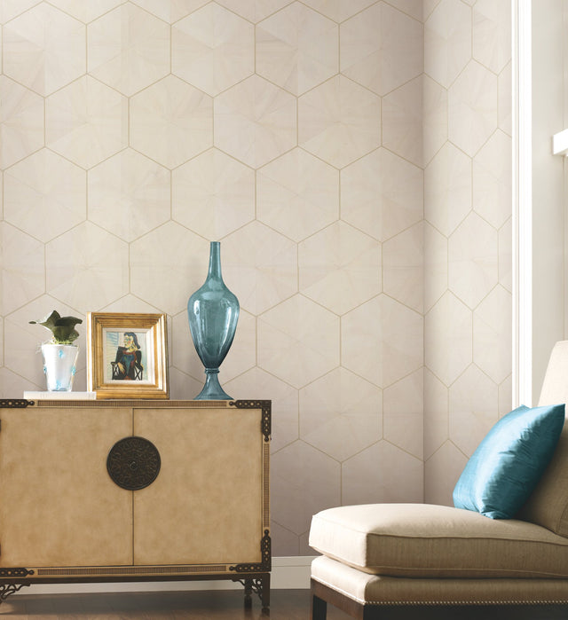 Hexagram Wood Veneer Off White Wallpaper with Geometric Hexagon Pattern - York HO2101