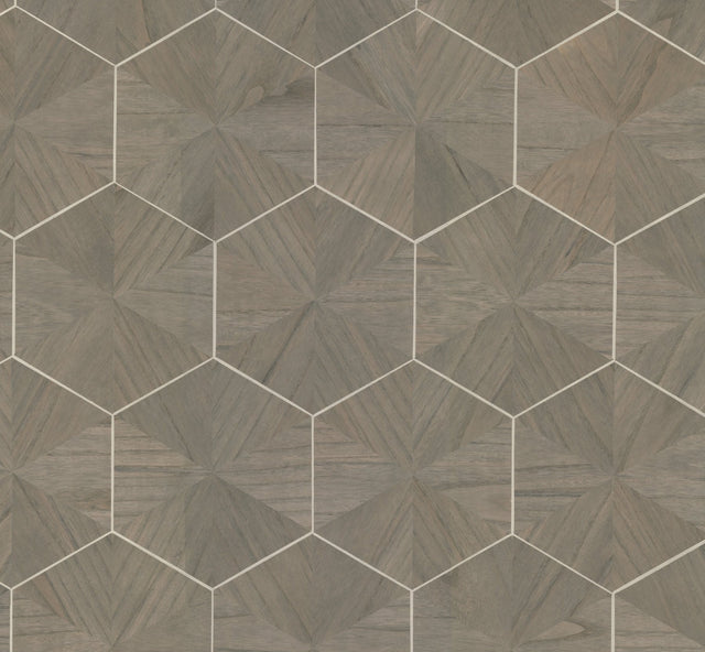 Hexagram Wood Veneer Caper Wallpaper with Metallic Feature Wall Hexagon Pattern - York HO2102GV