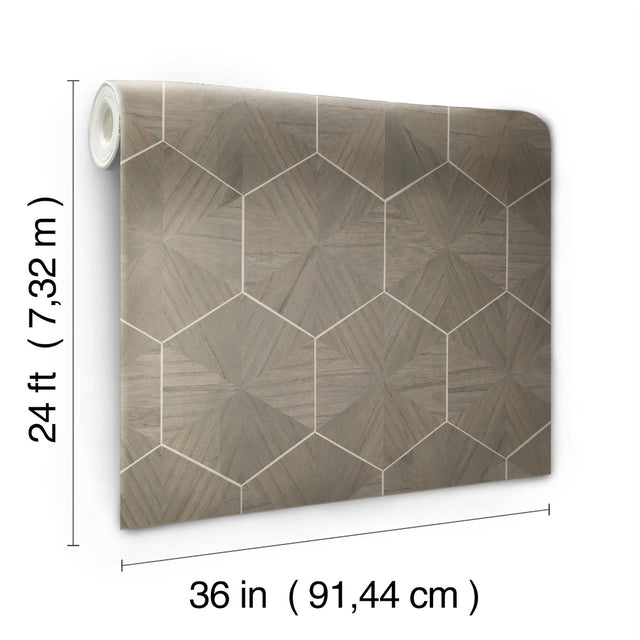 Hexagram Wood Veneer Caper Wallpaper with Metallic Feature Wall Hexagon Pattern - York HO2102GV