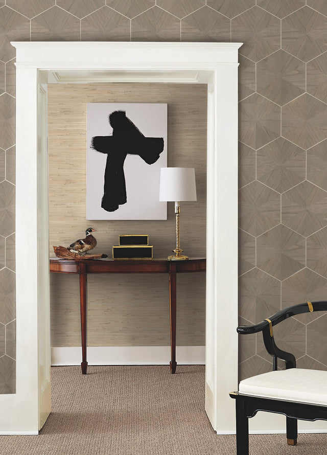 Hexagram Wood Veneer Caper Wallpaper with Metallic Feature Wall Hexagon Pattern - York HO2102GV