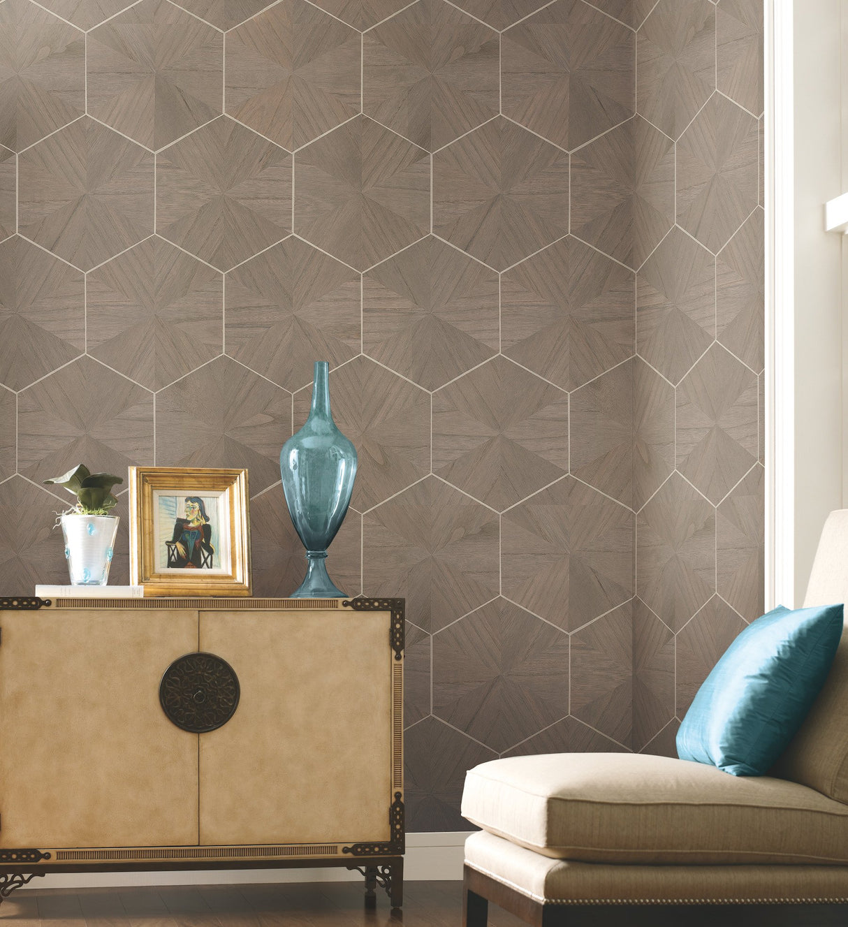 Hexagram Wood Veneer Brown Geometric Wallpaper - York HO2102