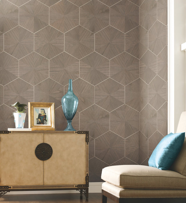 Hexagram Wood Veneer Brown Geometric Wallpaper - York HO2102