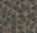 Hexagram Wood Veneer Brown & Black Wallpaper with Geometric Wood Inlay Pattern - York HO2103