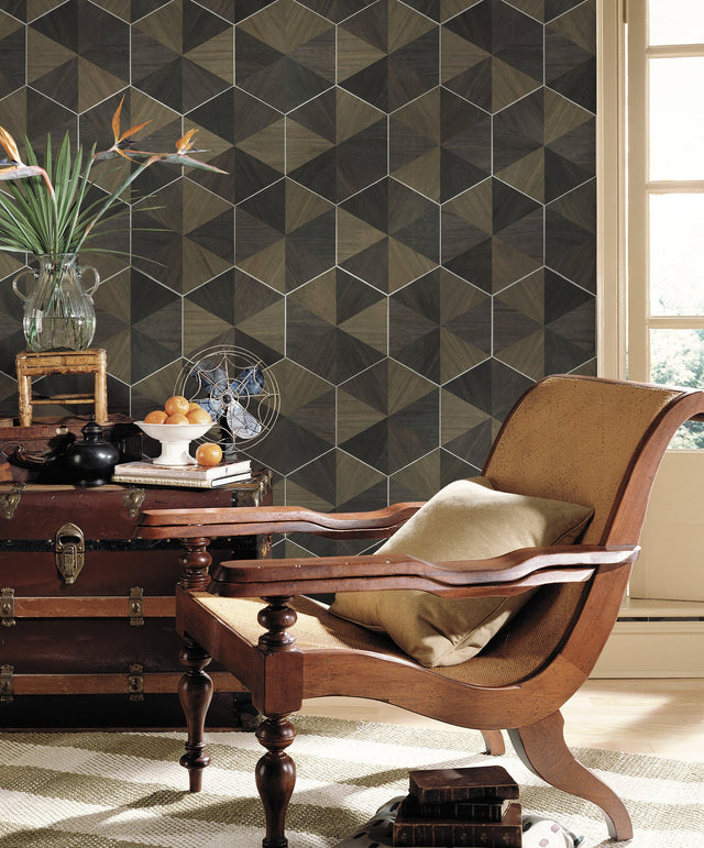 Hexagram Wood Veneer Brown & Black Wallpaper with Geometric Wood Inlay Pattern - York HO2103