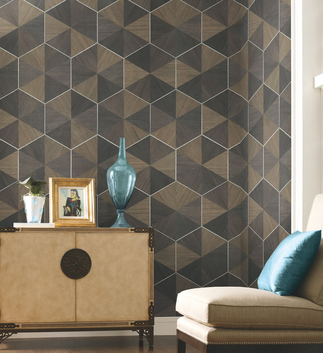 Hexagram Wood Veneer Brown & Black Wallpaper with Geometric Wood Inlay Pattern - York HO2103