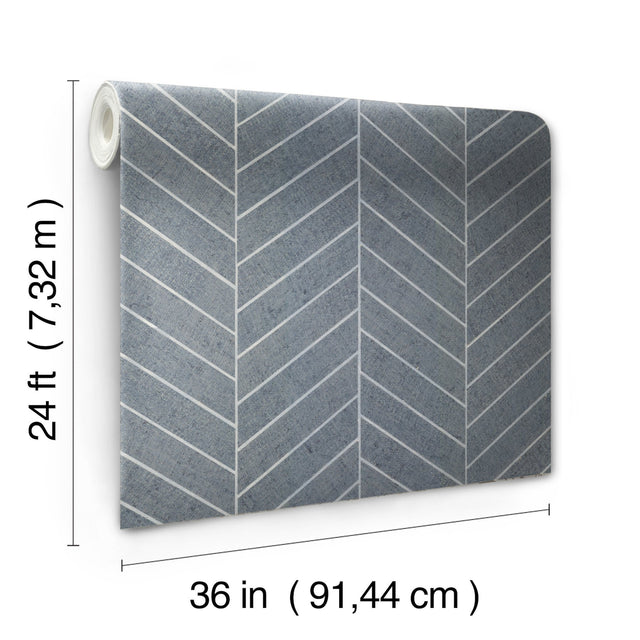 Atelier Herringbone Steel Blue Wallpaper with Metallic Feature Wall Grasscloth - York HO2107GV