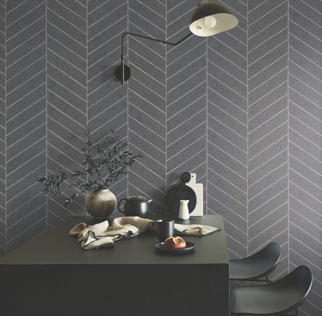 Atelier Herringbone Steel Blue Wallpaper with Metallic Feature Wall Grasscloth - York HO2107GV