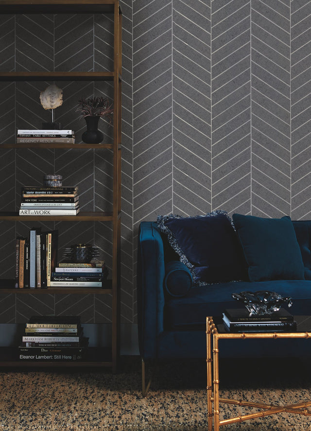 Atelier Herringbone Dark Grey Wallpaper with Geometric Herringbone Pattern - York HO2107