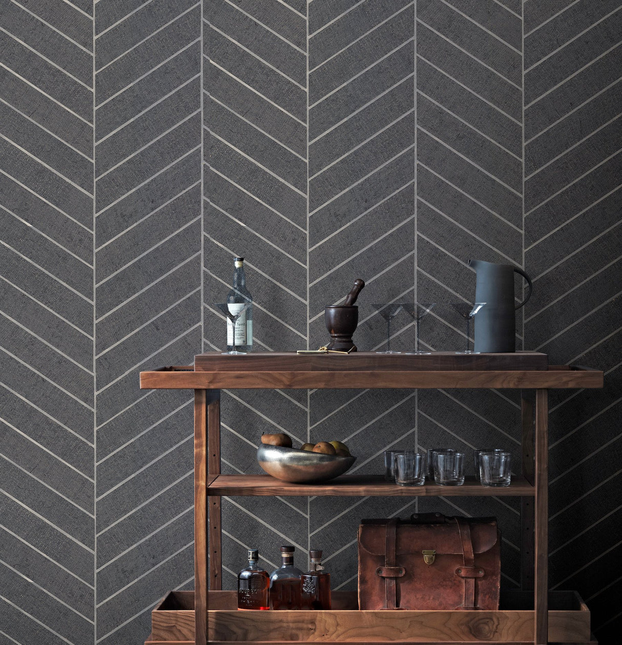 Atelier Herringbone Dark Grey Wallpaper with Geometric Herringbone Pattern - York HO2107
