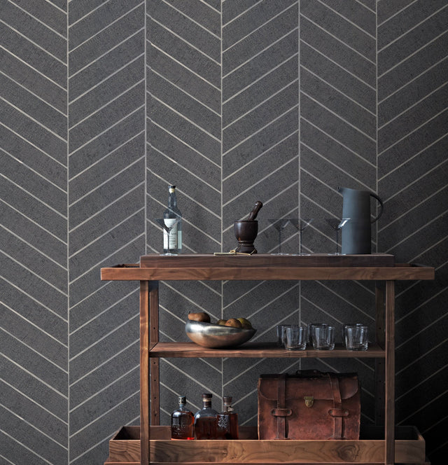 Atelier Herringbone Dark Grey Wallpaper with Geometric Herringbone Pattern - York HO2107
