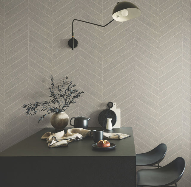 Atelier Herringbone Linen Wallpaper with Raffia Grasscloth Chevron Pattern, Feature Wall Style - York HO2109GV