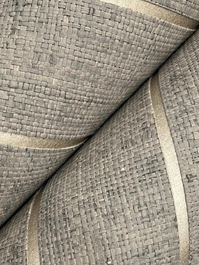 Atelier Herringbone Natural Grey Raffia Grasscloth Wallpaper with Metallic Feature Wall Style - York HO2110GV