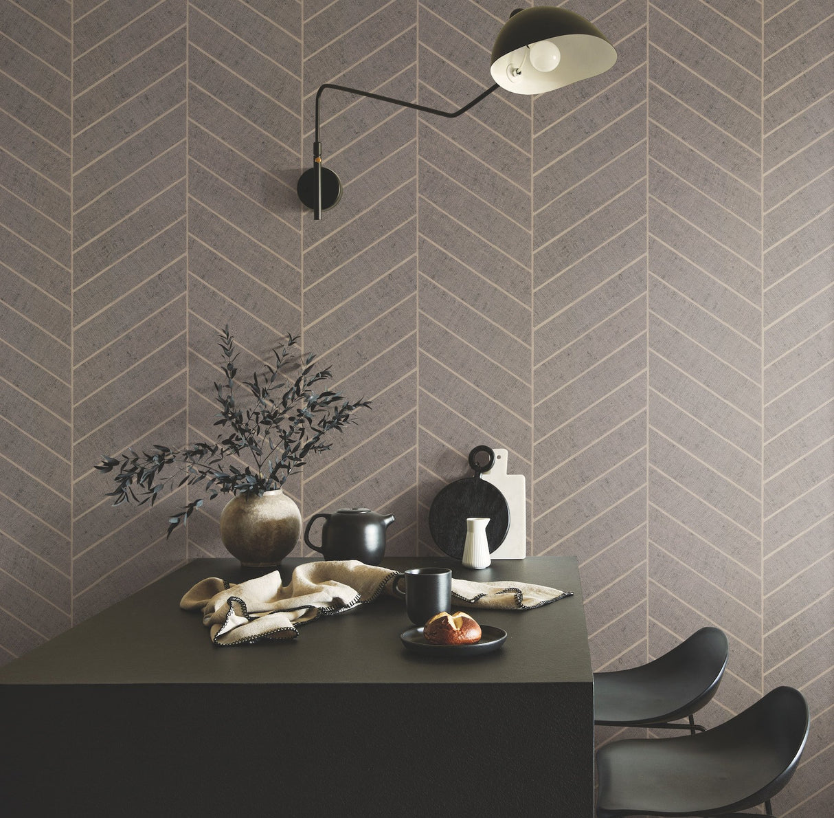 Atelier Herringbone Natural Grey Raffia Grasscloth Wallpaper with Metallic Feature Wall Style - York HO2110GV