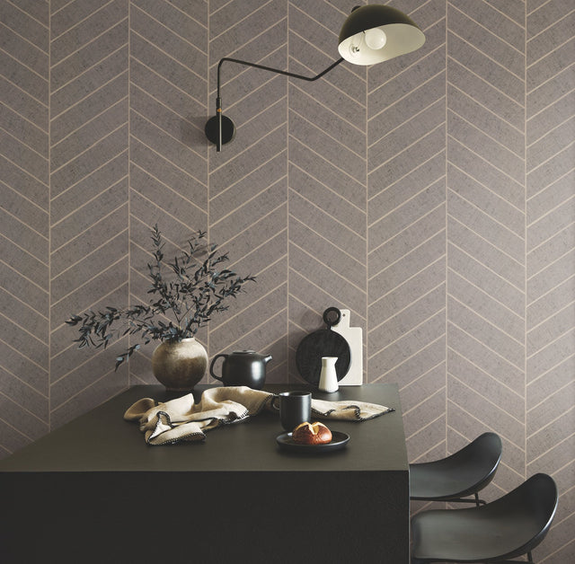 Atelier Herringbone Natural Grey Raffia Grasscloth Wallpaper with Metallic Feature Wall Style - York HO2110GV