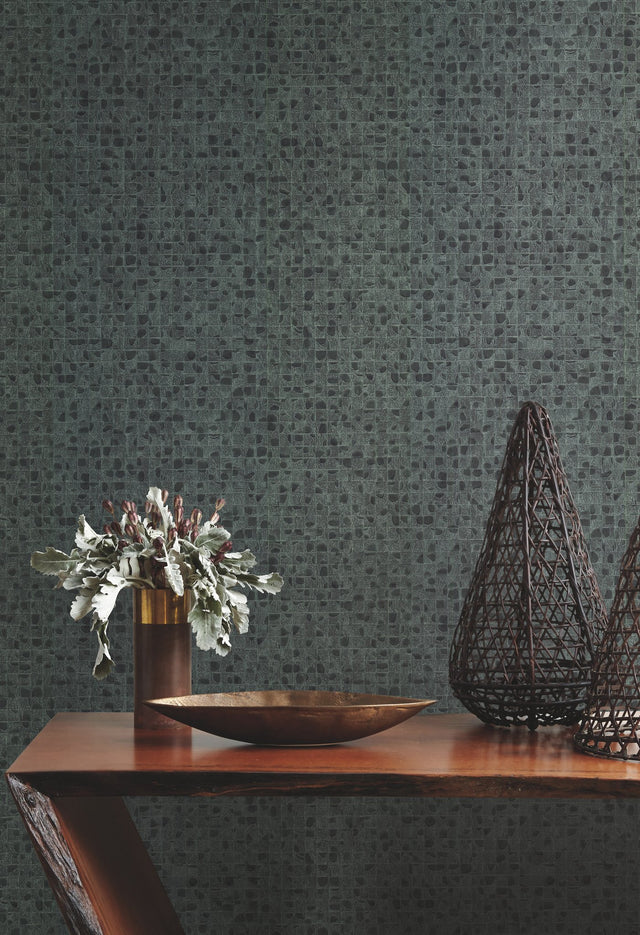 Leather Lux Dark Green Textured Wallpaper with Glossy Geometric Grid - York HO2116