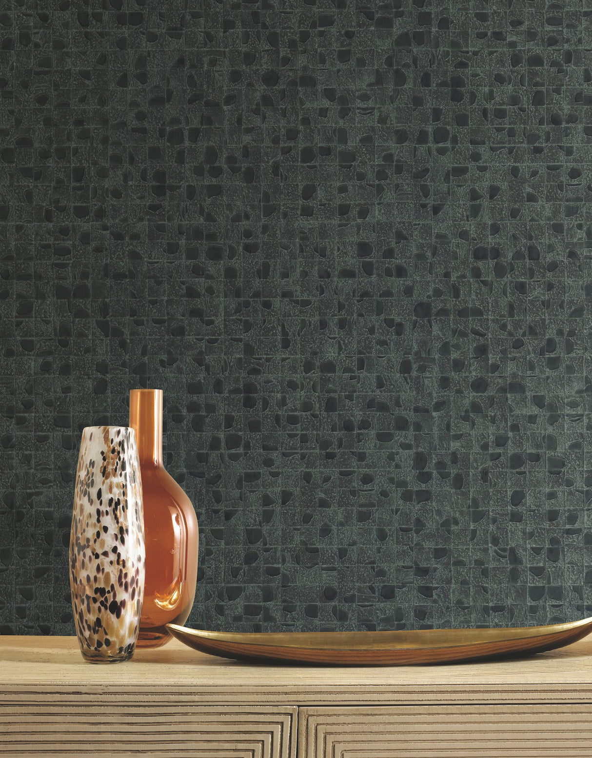 Leather Lux Dark Green Textured Wallpaper with Glossy Geometric Grid - York HO2116