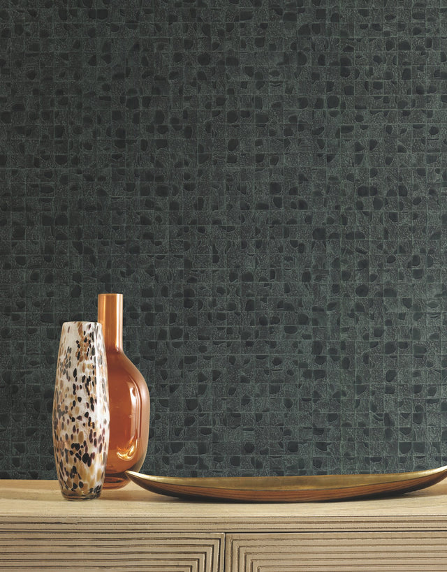Leather Lux Dark Green Textured Wallpaper with Glossy Geometric Grid - York HO2116