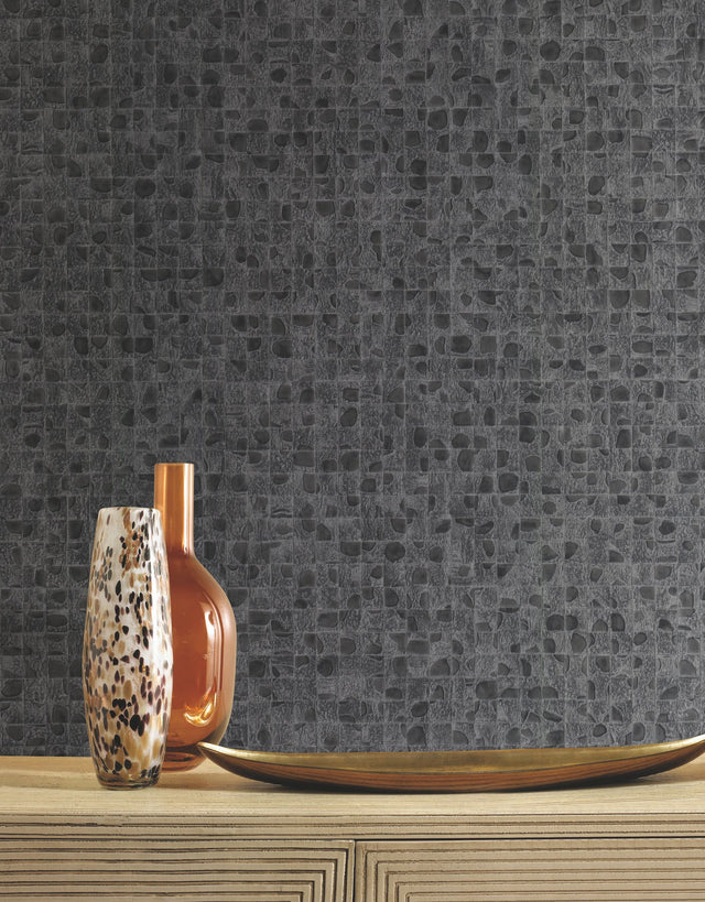 Leather Lux Grey Textured Wallpaper with High-Gloss Grid Pattern - York HO2119