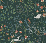 Aspen Dark Green Wallpaper with Woodland Stag and Crane Scenic Motif - York HO2126