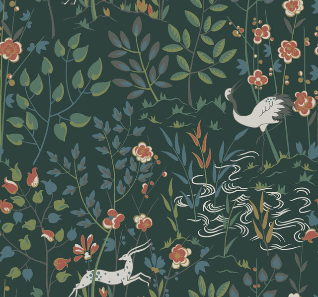 Aspen Dark Green Wallpaper with Woodland Stag and Crane Scenic Motif - York HO2126
