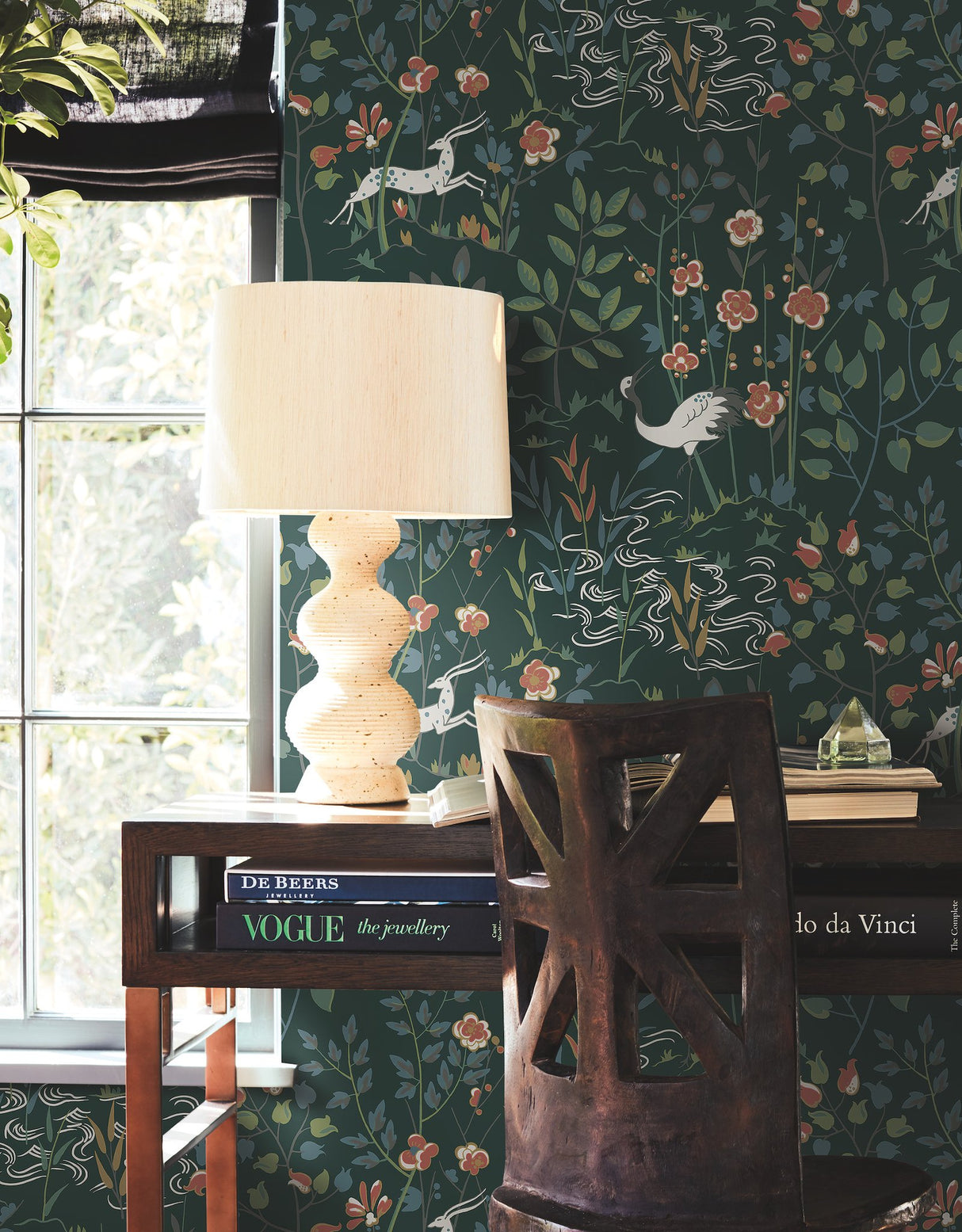 Aspen Dark Green Wallpaper with Woodland Stag and Crane Scenic Motif - York HO2126