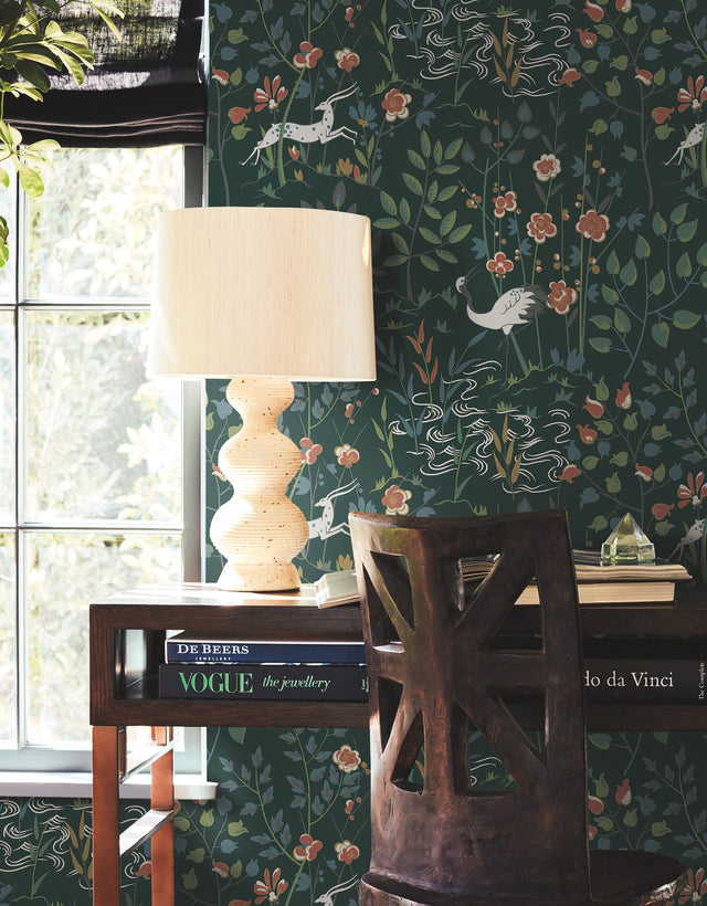 Aspen Dark Green Wallpaper with Woodland Stag and Crane Scenic Motif - York HO2126