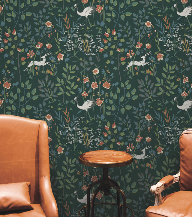 Aspen Dark Green Wallpaper with Woodland Stag and Crane Scenic Motif - York HO2126