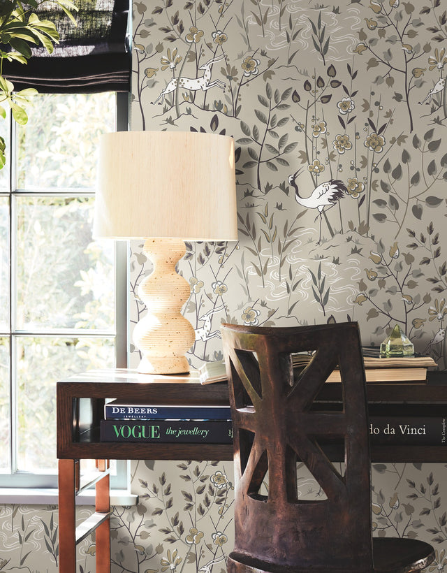 Aspen Off White Wallpaper with Woodland Stag and Crane Motif - York HO2127